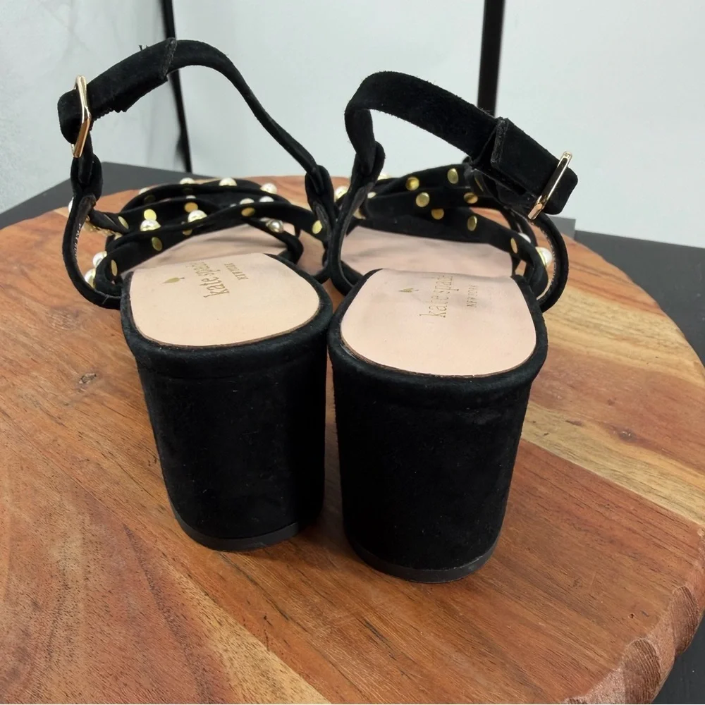 Kate Spade Wynne black suede pearl embellished block heel‎ sandals sz 7
